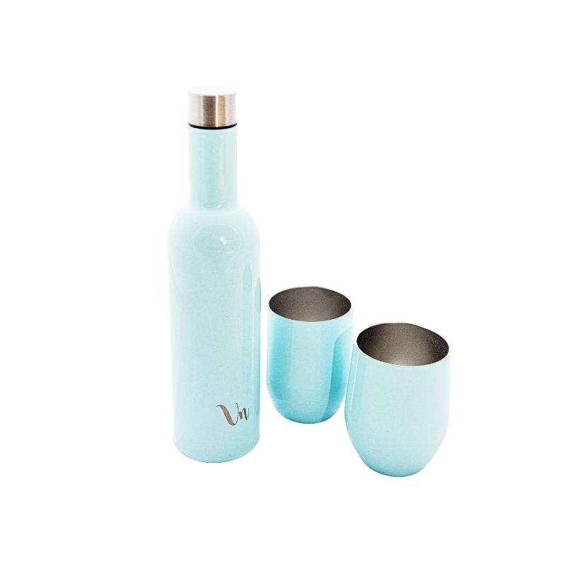 Stainless steel bottle and cups turquoise